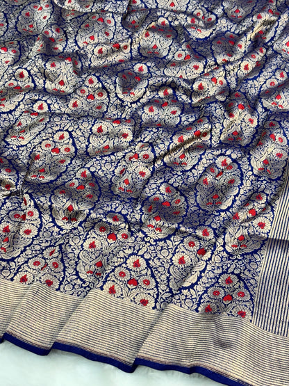 Banarasi Royal Blue Pure Silk Brocade Saree – Luxurious Katan Silk with Intricate Brocade Weave