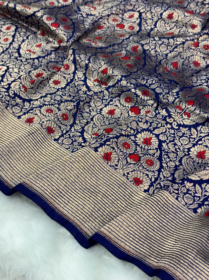 Banarasi Royal Blue Pure Silk Brocade Saree – Luxurious Katan Silk with Intricate Brocade Weave