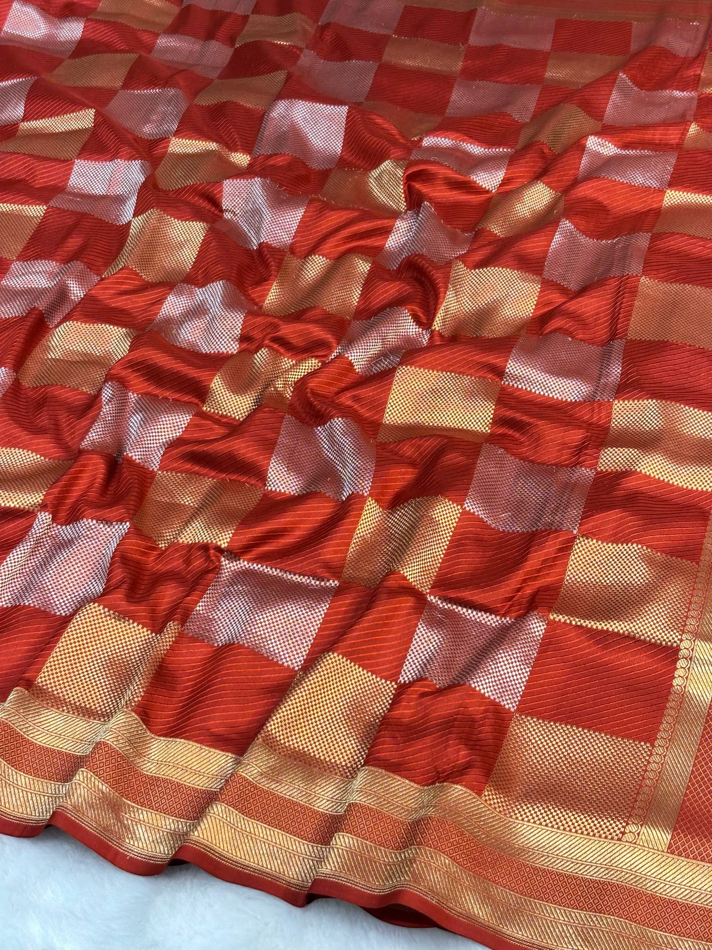 Banarasi Brick Red Pure Silk Brocade Saree – Luxurious Katan Silk with Intricate Brocade Weave