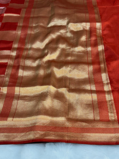 Banarasi Brick Red Pure Silk Brocade Saree – Luxurious Katan Silk with Intricate Brocade Weave