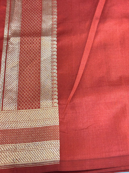 Banarasi Brick Red Pure Silk Brocade Saree – Luxurious Katan Silk with Intricate Brocade Weave