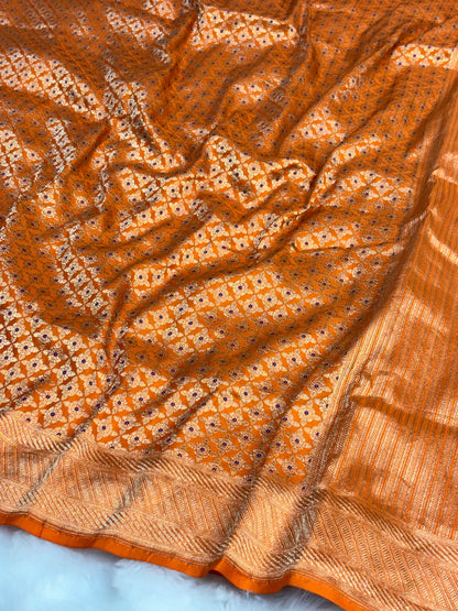 Banarasi Orange Pure Silk Brocade Saree – Luxurious Katan Silk with Intricate Brocade Weave