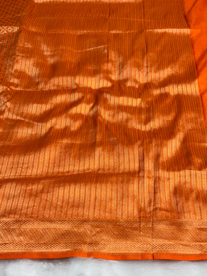 Banarasi Orange Pure Silk Brocade Saree – Luxurious Katan Silk with Intricate Brocade Weave