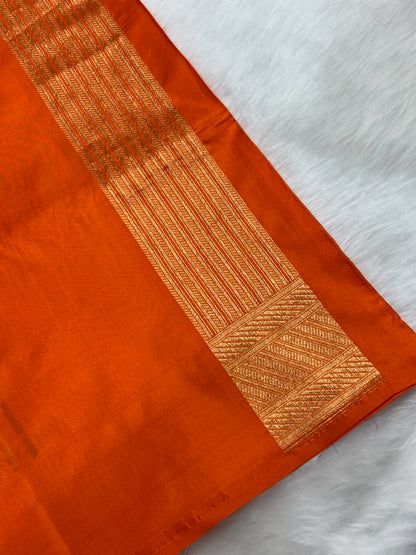 Banarasi Orange Pure Silk Brocade Saree – Luxurious Katan Silk with Intricate Brocade Weave