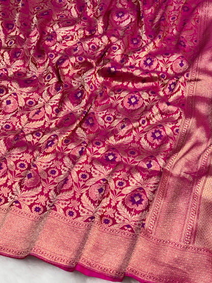 Banarasi Rani Pink Pure Silk Brocade Saree – Luxurious Katan Silk with Intricate Brocade Weave