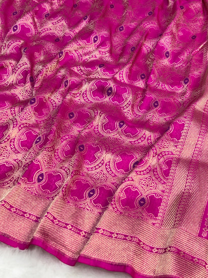 Banarasi Hot Pink Pure Silk Brocade Saree – Luxurious Katan Silk with Intricate Brocade Weave