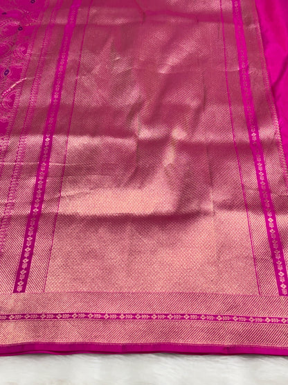 Banarasi Hot Pink Pure Silk Brocade Saree – Luxurious Katan Silk with Intricate Brocade Weave