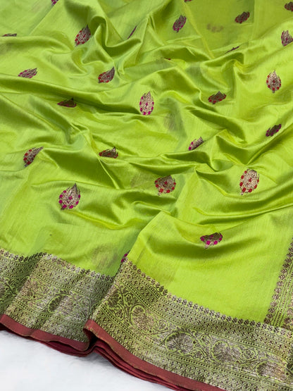 100% Pure Lime Green Cotton Silk Saree | Soft Lightweight Handwoven Elegant Saree for Daily & Festive Wear