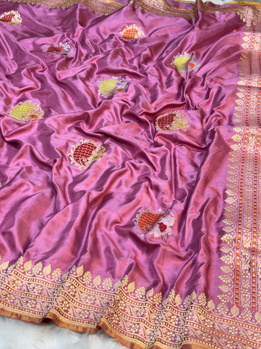 Pink Handwoven Pure Banarasi Ektara Silk Saree – Kadwa Iktara Weave, Pure Mulberry Silk