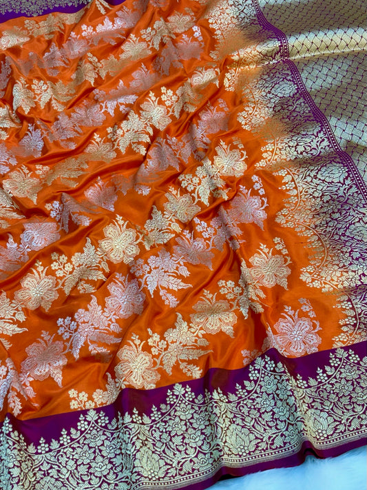 Orange Pure Katan Silk Handwoven Banarasi Saree – Hot Pink Base with Rich Zari Border