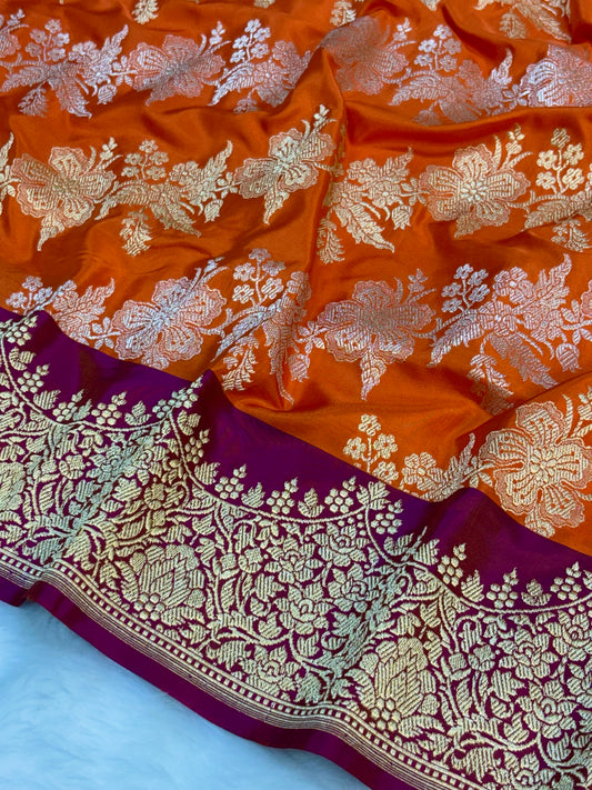Orange Pure Katan Silk Handwoven Banarasi Saree – Hot Pink Base with Rich Zari Border