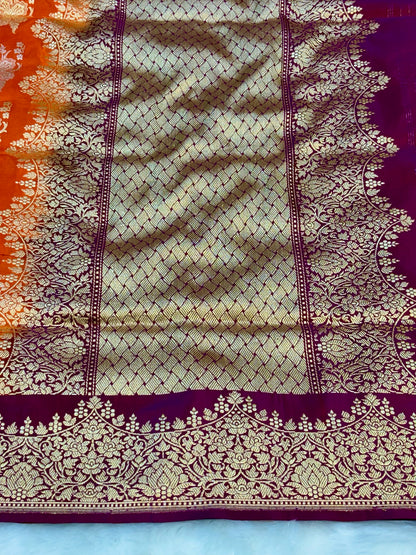 Orange Pure Katan Silk Handwoven Banarasi Saree – Hot Pink Base with Rich Zari Border