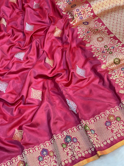 Apple Red Pure Katan Silk Handwoven Banarasi Saree – Hot Pink Base with Rich Zari Border