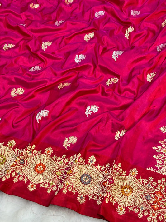 Apple Red Pure Katan Silk Handwoven Banarasi Saree – Hot Pink Base with Rich Zari Border