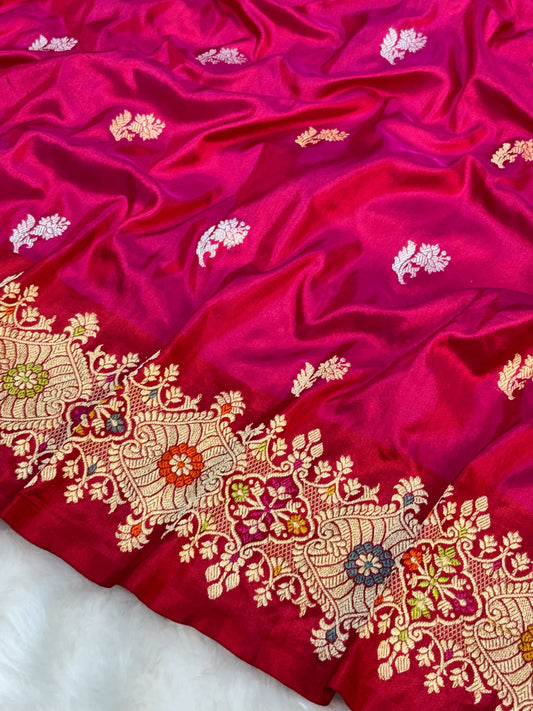 Apple Red Pure Katan Silk Handwoven Banarasi Saree – Hot Pink Base with Rich Zari Border