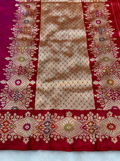 Apple Red Pure Katan Silk Handwoven Banarasi Saree – Hot Pink Base with Rich Zari Border