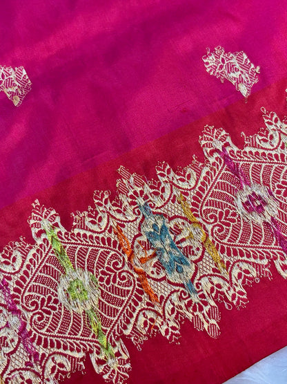 Apple Red Pure Katan Silk Handwoven Banarasi Saree – Hot Pink Base with Rich Zari Border