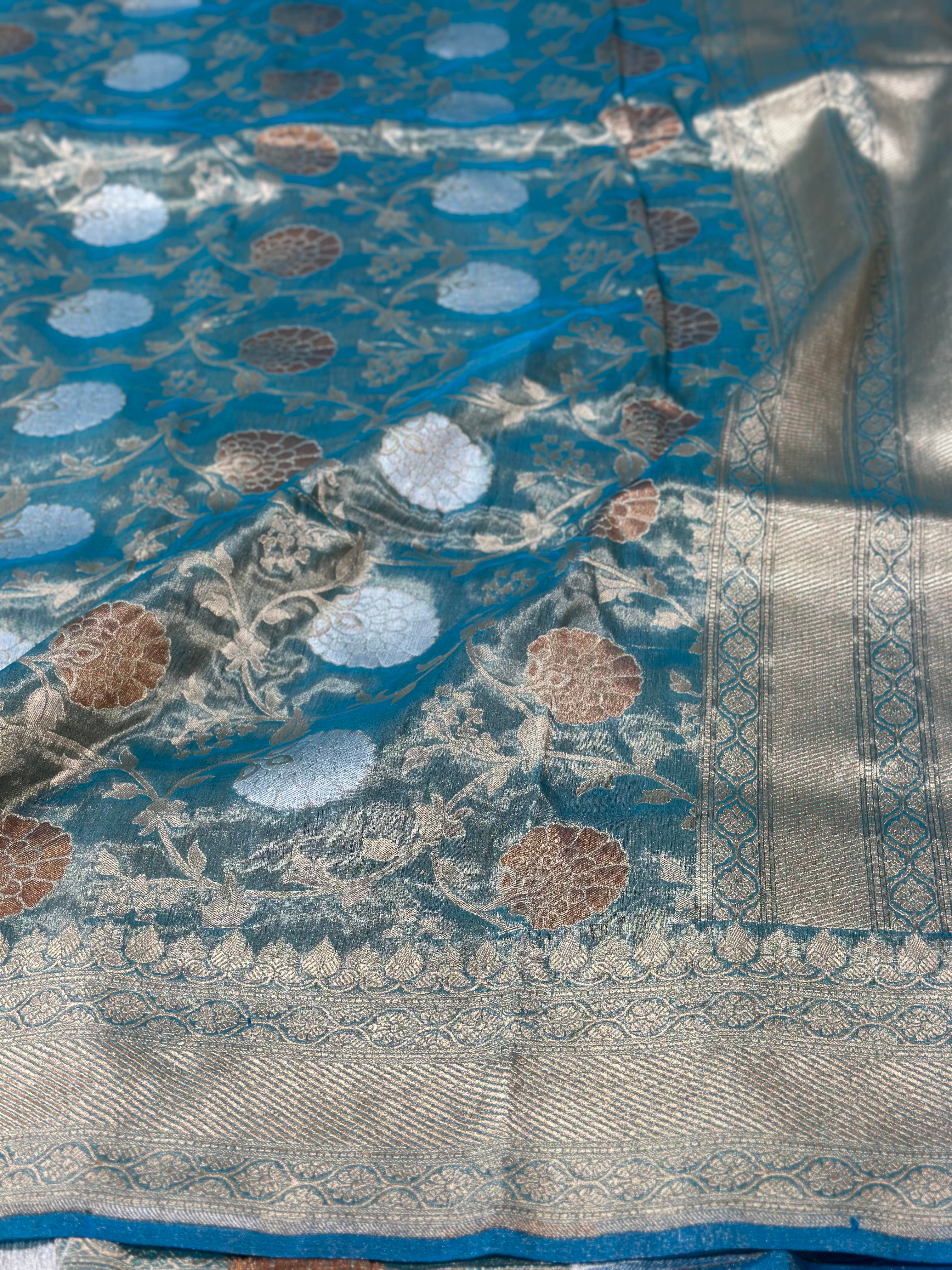 Peacock Blue Pure Banarasi Tissue Saree