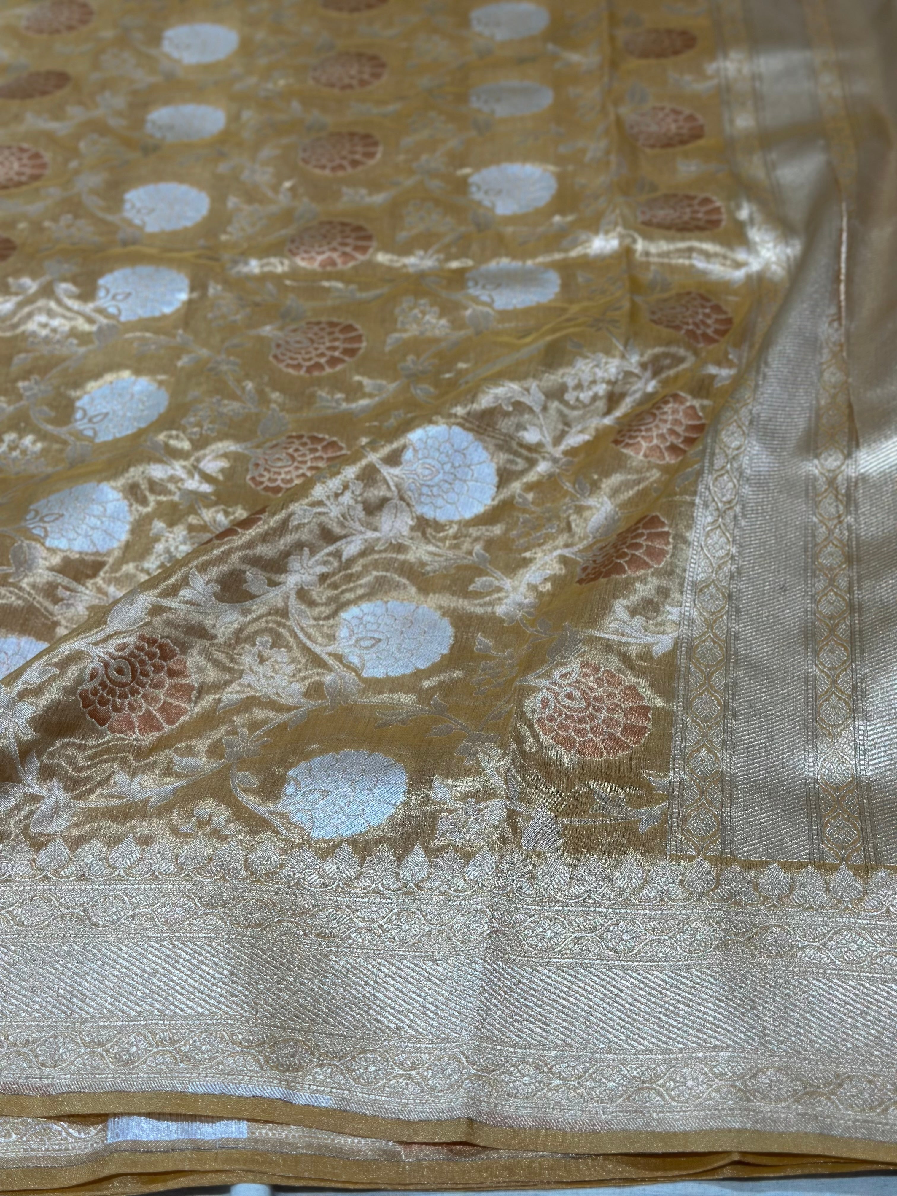 Mustard Yellow Pure Banarasi Tissue saree