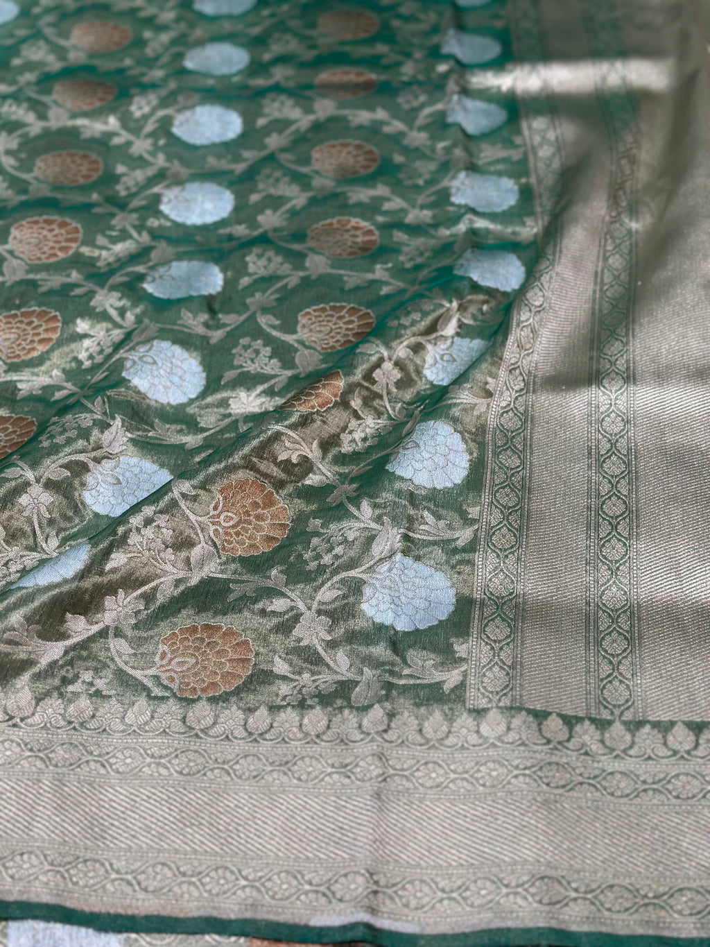 Bottle Green Pure Banarasi Tissue Saree