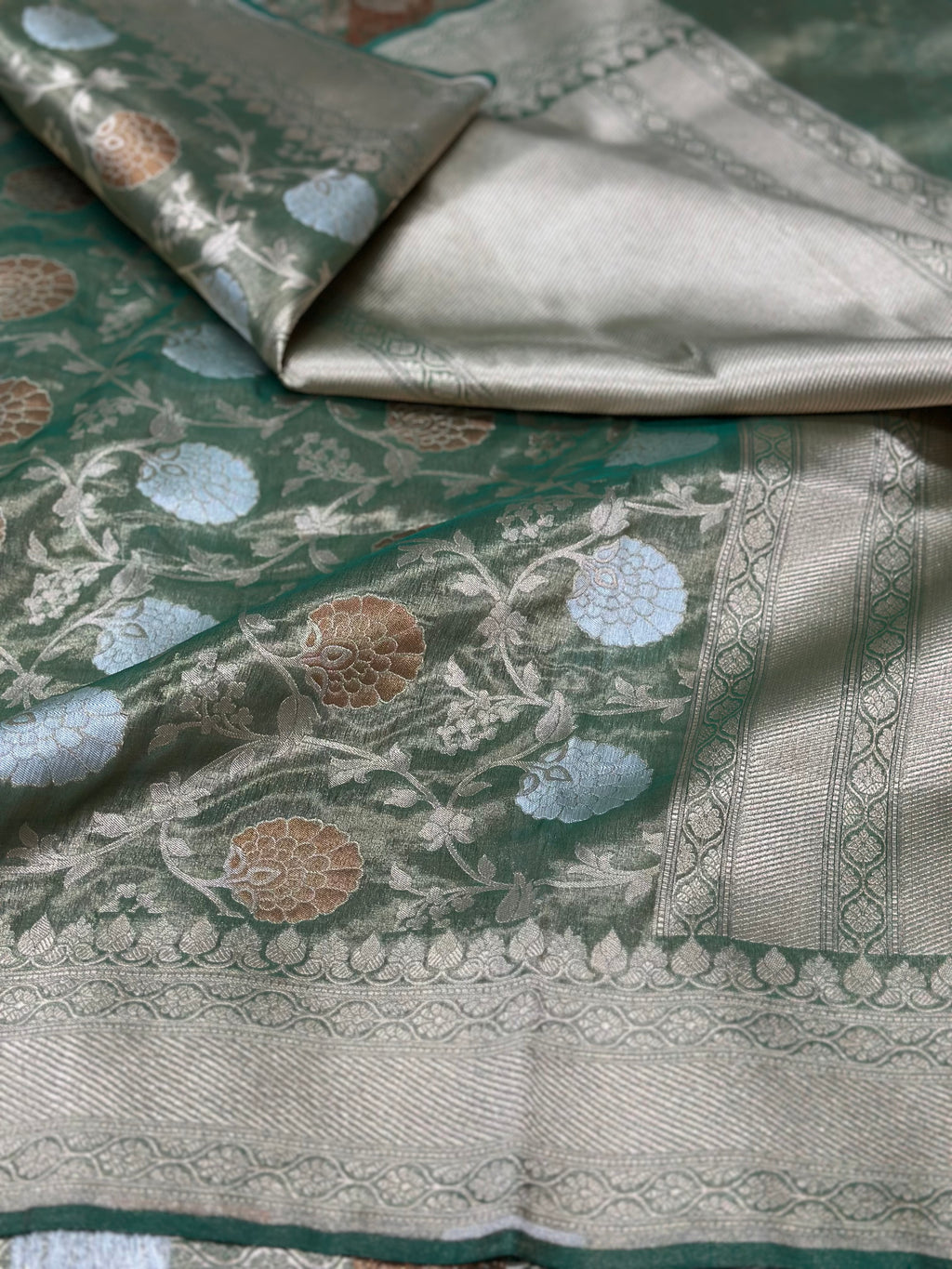 Bottle Green Pure Banarasi Tissue Saree