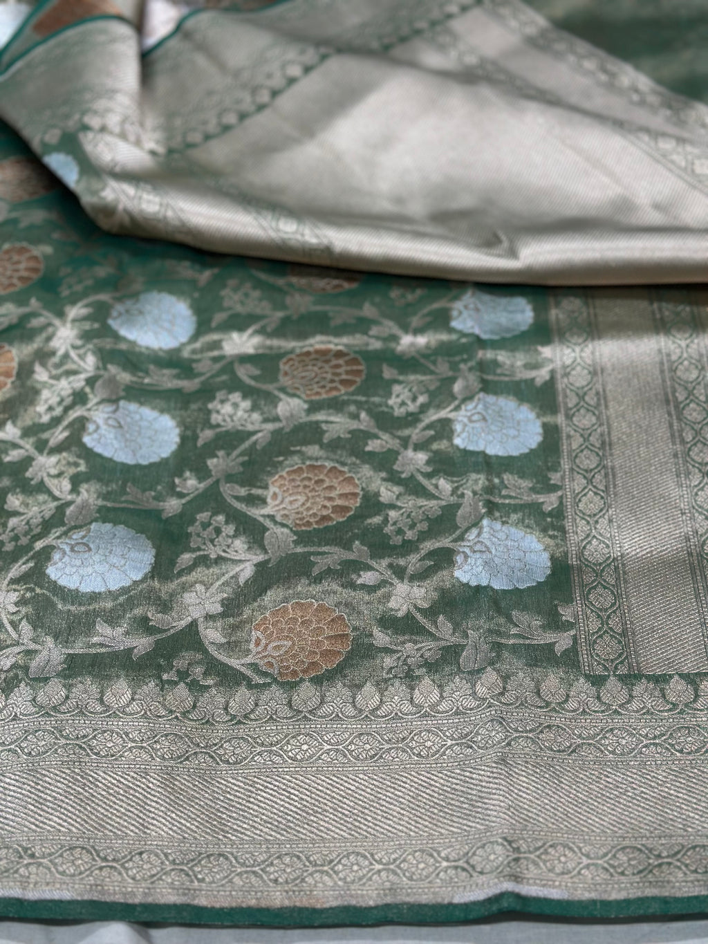 Bottle Green Pure Banarasi Tissue Saree