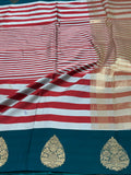 White/Red Stripe Handwoven Banarasi Pure Mashru Silk Saree