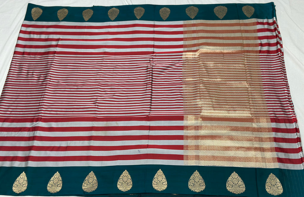 White/Red Stripe Handwoven Banarasi Pure Mashru Silk Saree