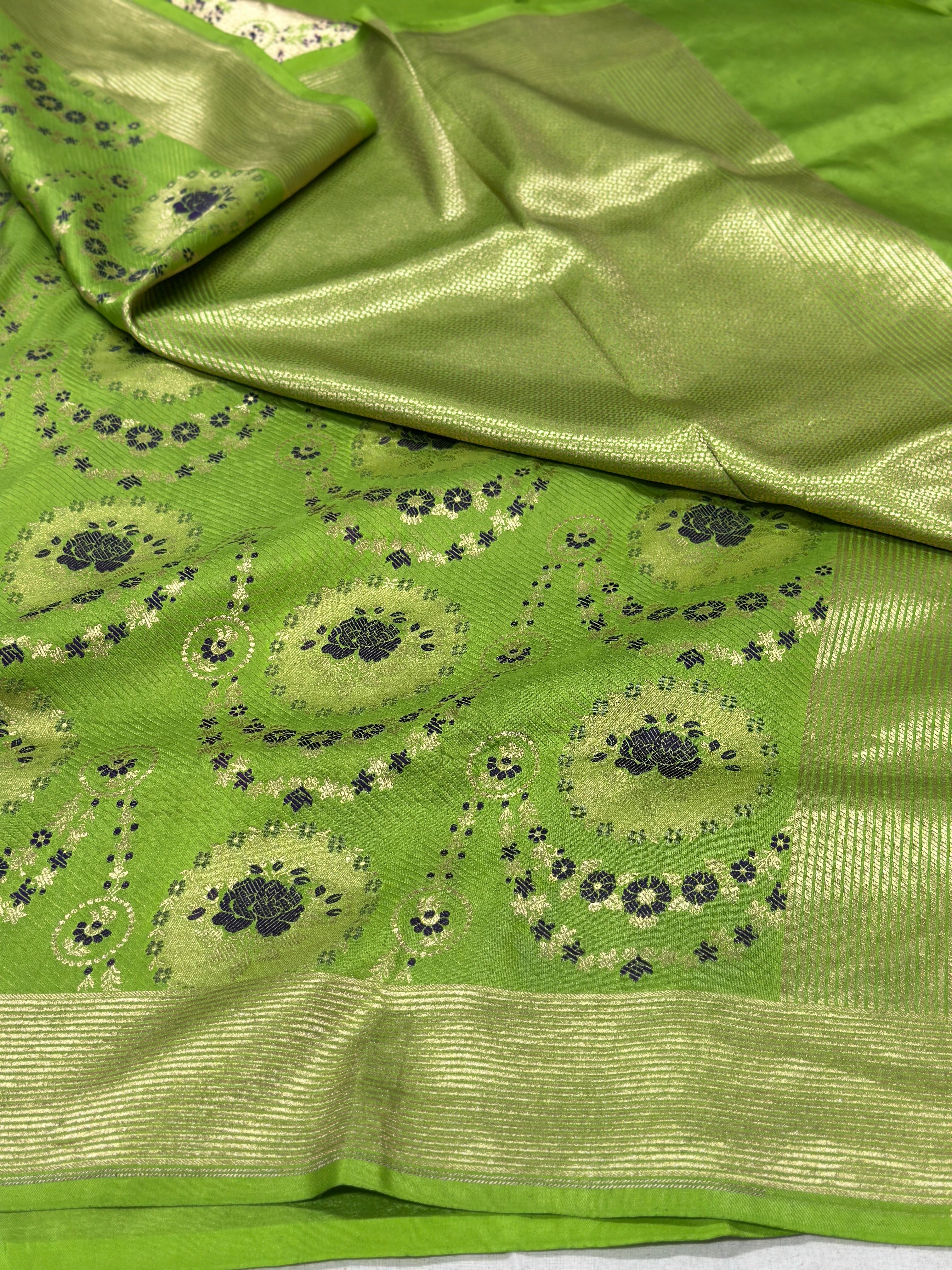 Pista green Minakari pure katan brocade weaving saree