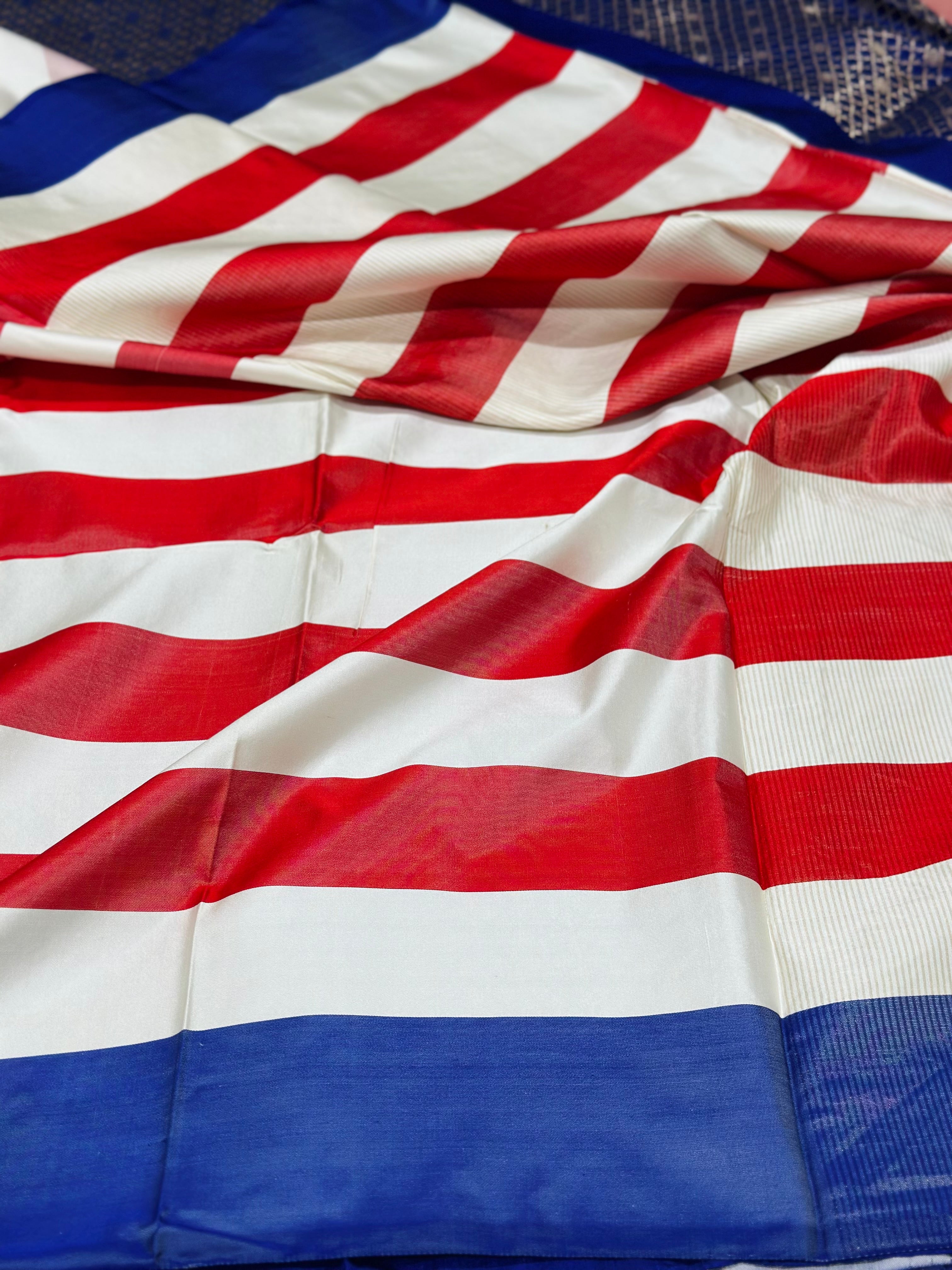 red white stripe Handwoven Banarasi Pure Mashru  Silk Saree