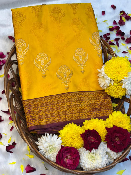 Pure Banarasi Tanchui Handwoven Silk Saree –  Yellow Elegance