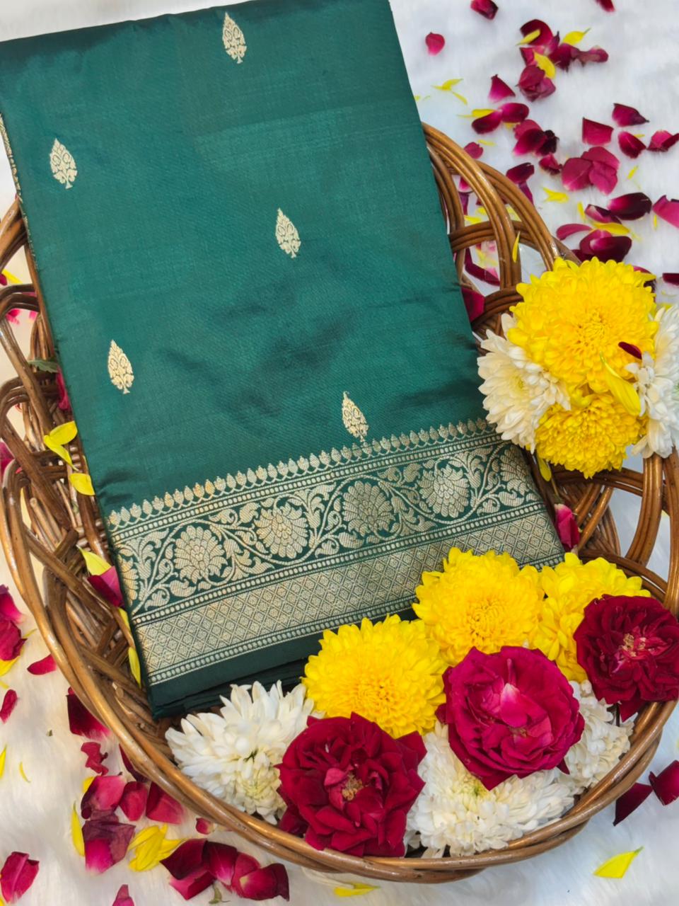 Bottle Green Handwoven Banarasi Pure Silk Saree