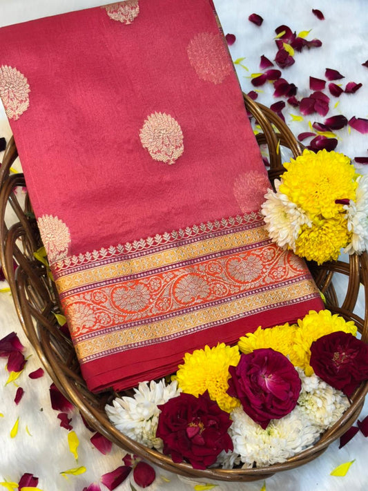 Pure Kora Organza Blush Pink Silk Saree with Zari Border