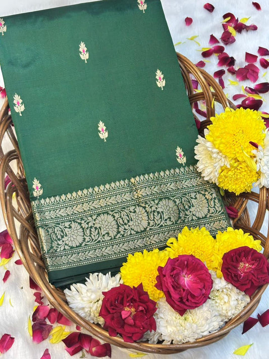Bottle Green Handwoven Banarasi Pure Silk Saree