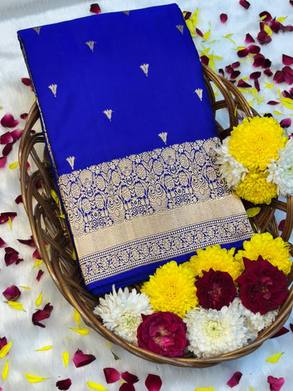 Pure Mashru Handwoven Silk Saree – Royal Blue Elegance