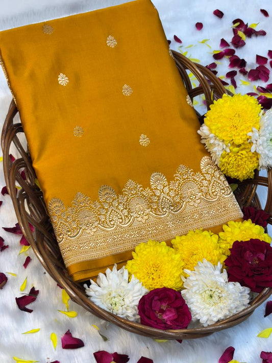Pure Mashru Handwoven Silk Saree – Yellow Elegance