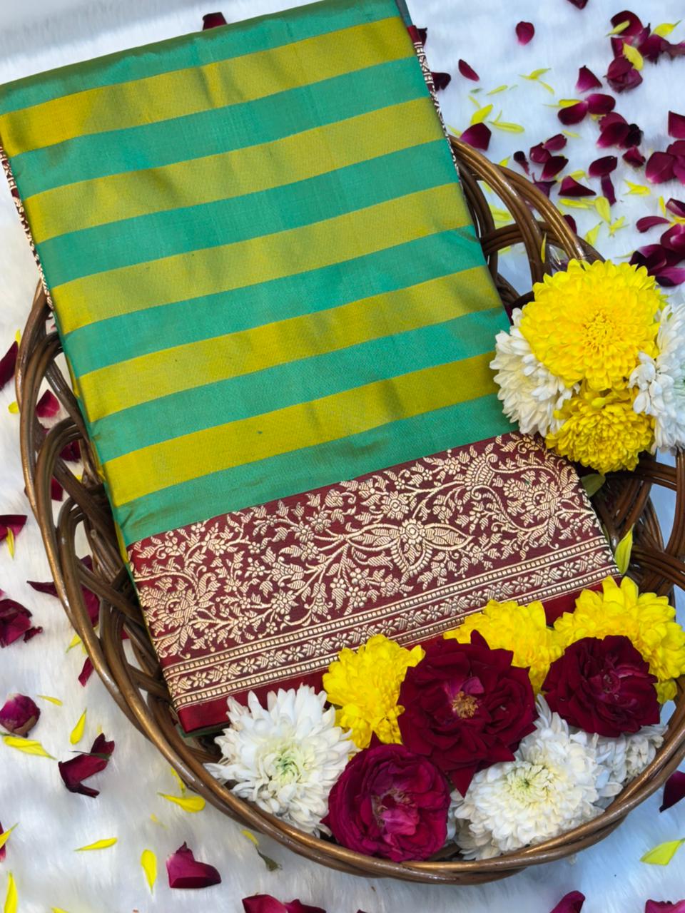 Pure Mashru Handwoven Silk Saree – Sea Green With Yellow  Elegance