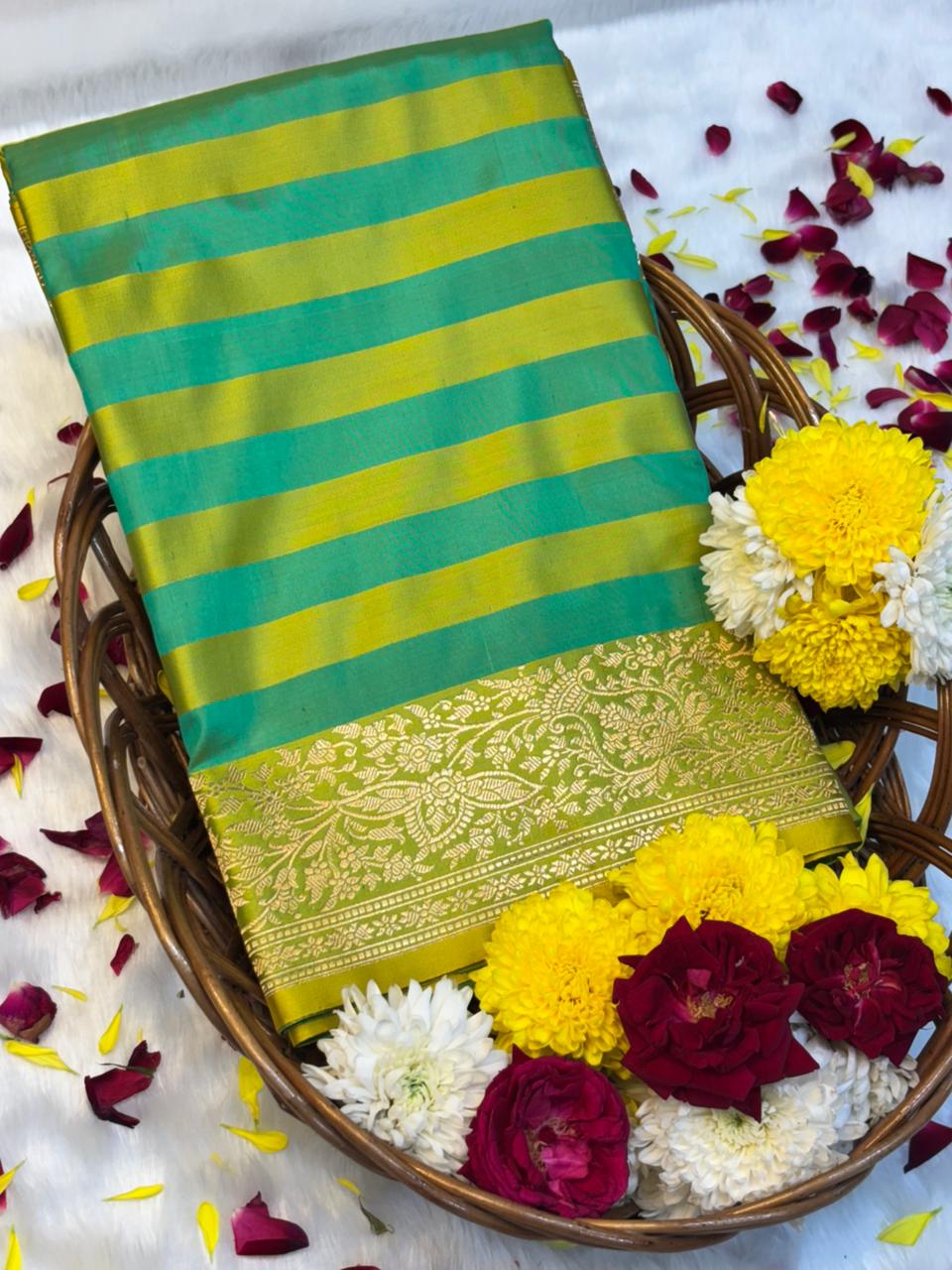 Pure Mashru Handwoven Silk Saree –  Sea Green With Yellow Stripe Elegance
