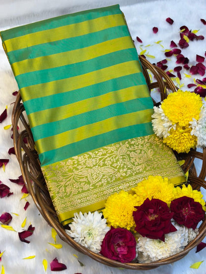 Pure Mashru Handwoven Silk Saree –  Sea Green With Yellow Stripe Elegance