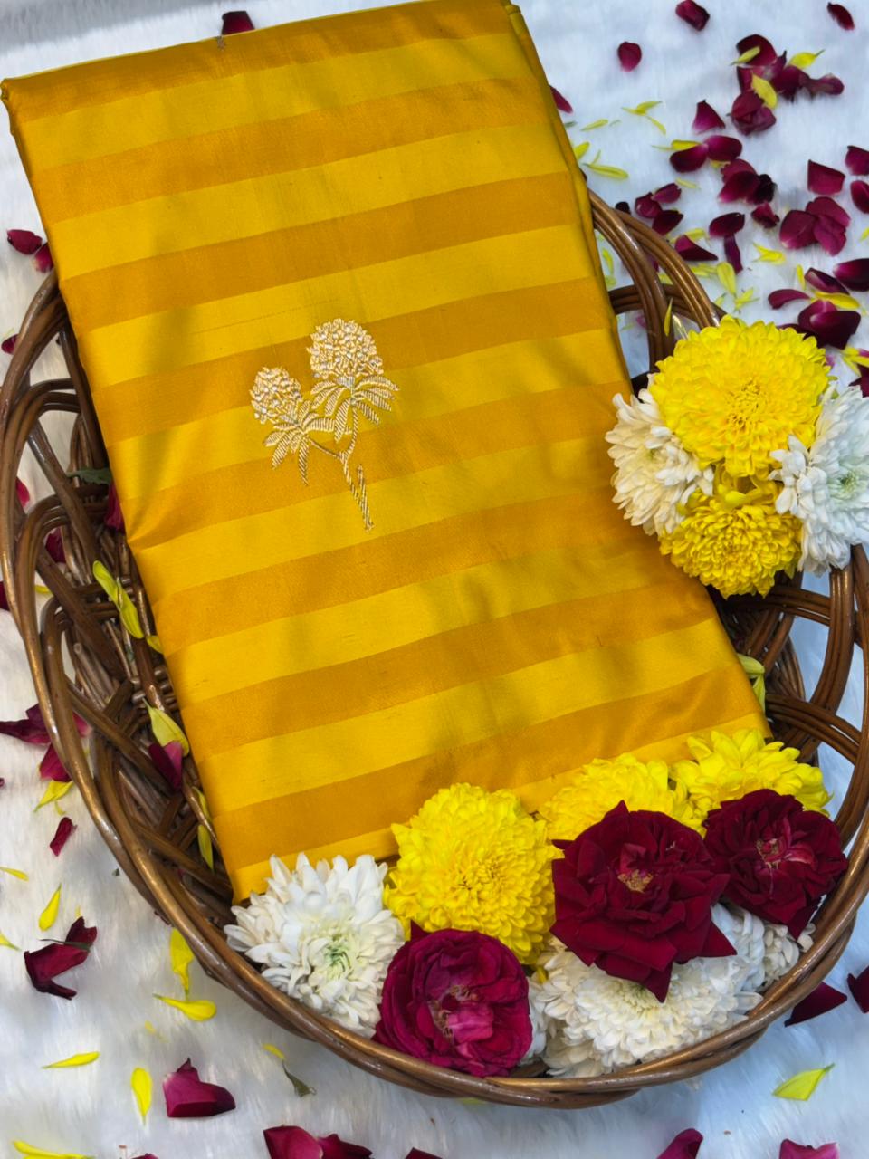 Pure Mashru Handwoven Silk Saree – Yellow Elegance