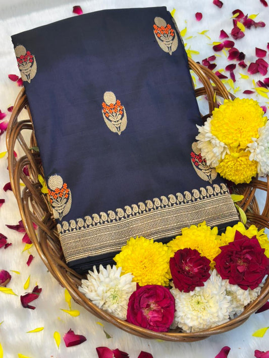 Pure Mashru Handwoven Silk Saree – Midnight Blue Elegance