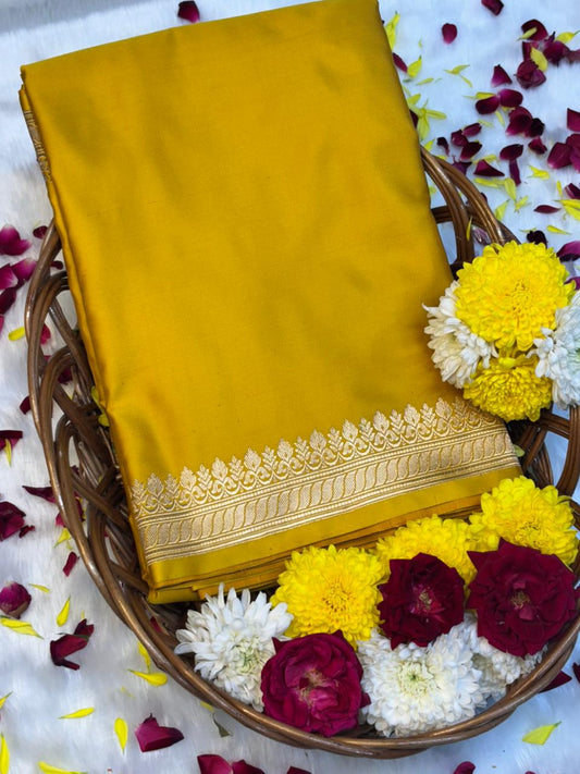 Pure Mashru Handwoven Silk Saree – Yellow Elegance