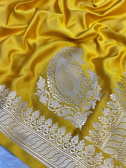 Pure Mashru Handwoven Silk Saree – Yellow Elegance